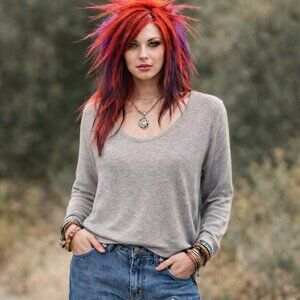 Magaschoni High-Low Back Button Styling Gray Textured Sweater, Size Small